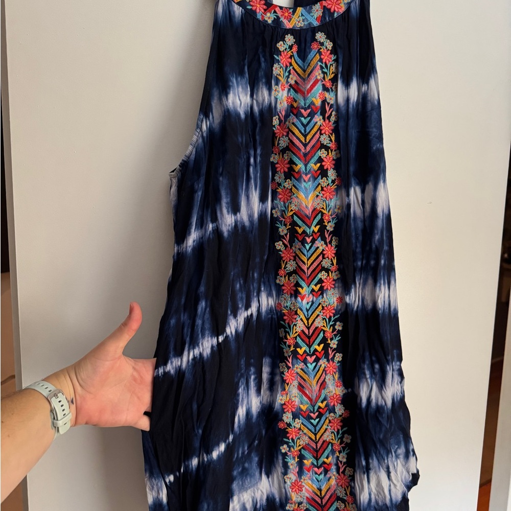 Navy Blue Tie-Dye Midi Dress with Embroidered Detail
